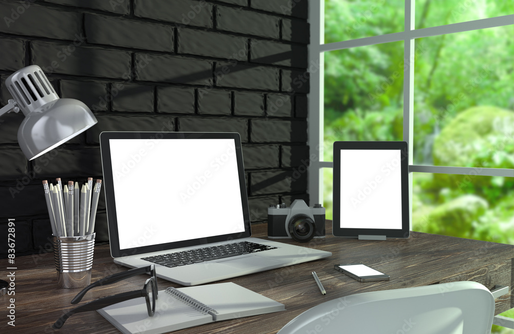 Fototapeta premium 3D illustration laptopand work stuff on table near brick wall
