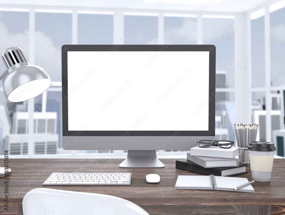 Fototapeta premium 3D illustration PC screen on table in office, Workspace