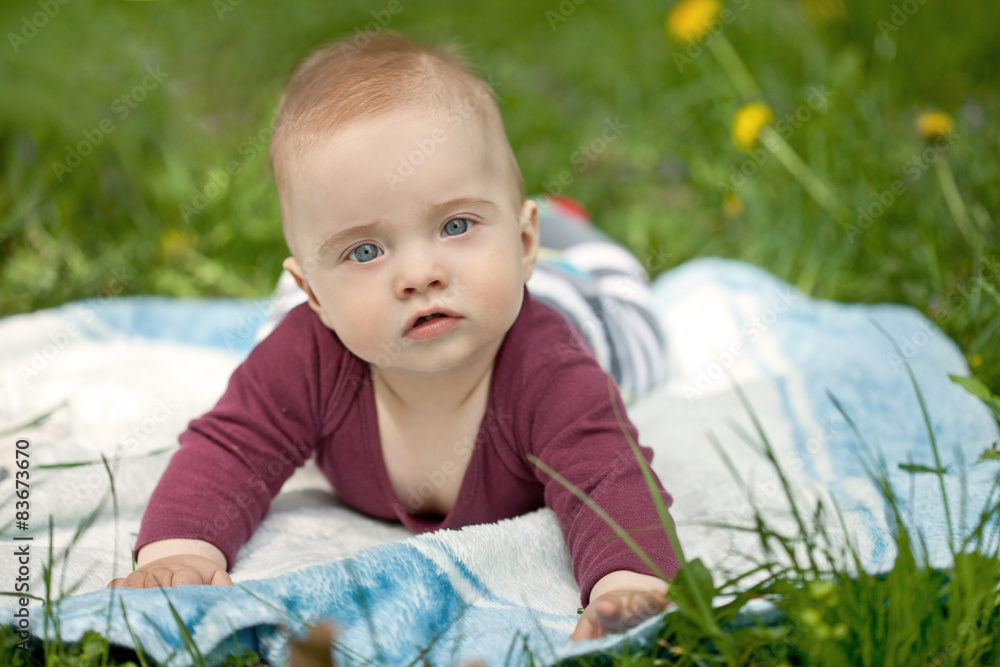 Little baby is lying on the blanket in the park Little baby is lying on the blanket in the park