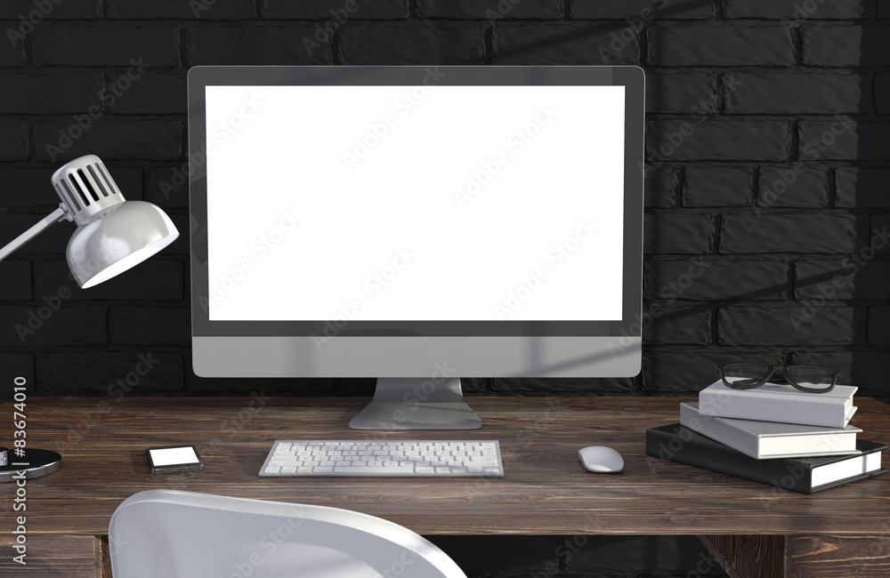 Fototapeta premium 3D illustration PC screen on table near brick wall Workspace
