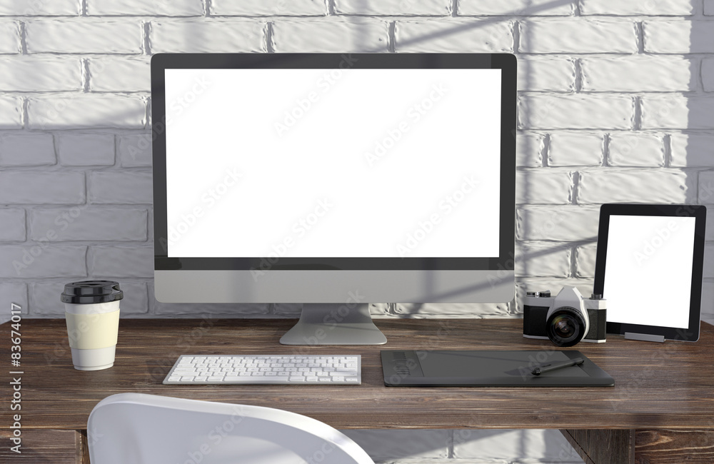 Fototapeta premium 3D illustration PC screen on table near brick wall Workspace