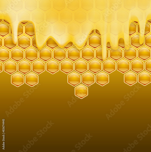melting honey on honeycombs brown background