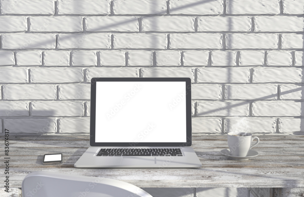Fototapeta premium 3D illustration laptopand work stuff on table near brick wall