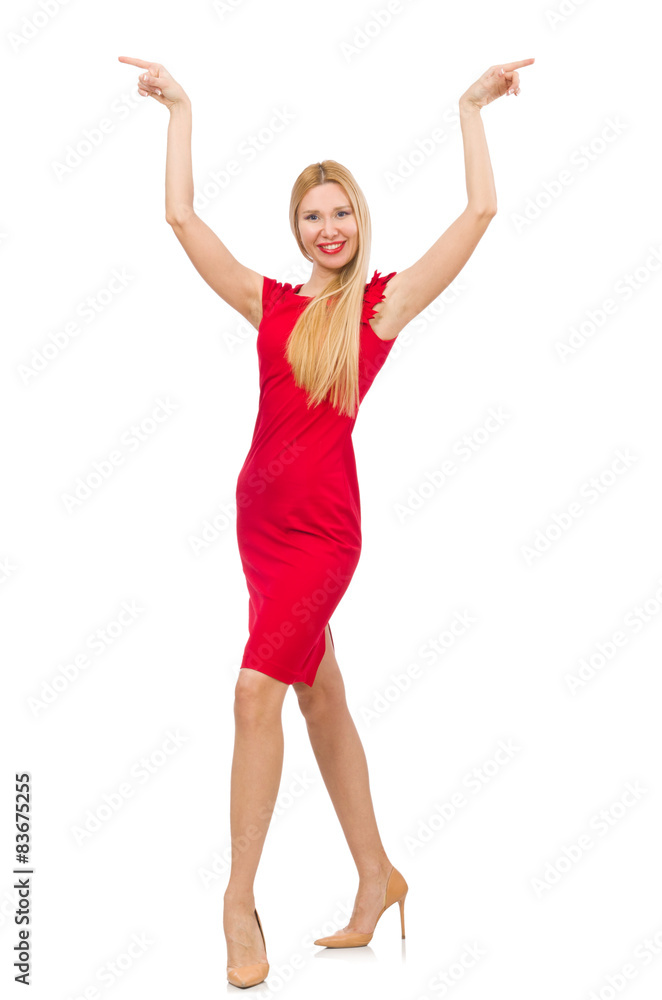 Blond woman in scarlet dress isolated on white