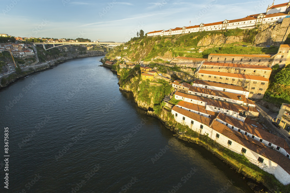 View of Douro river from Dom Luiz bridge at Porto, Portugal.