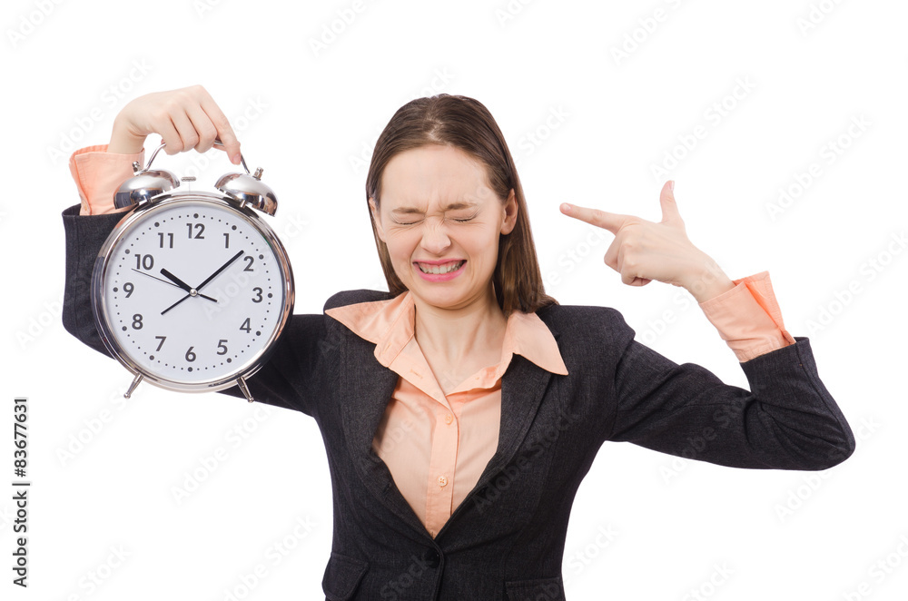 Business lady holding alarm clock isolated on white Business lady holding alarm clock isolated on white