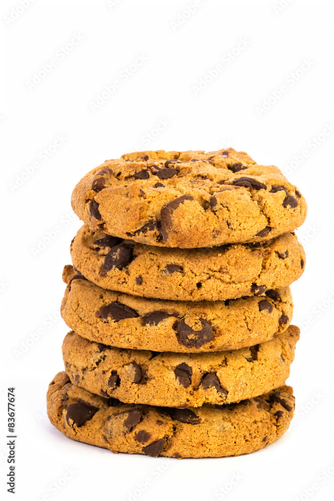 chocolate chip coockies, pille of five over white background chocolate chip coockies, pille of five over white background