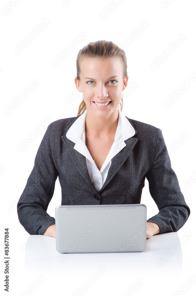 Office manager typing on the laptop isolated on white Office manager typing on the laptop isolated on white