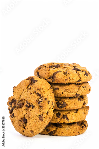 chocolate chip coockies, pille of five with one in side  photo