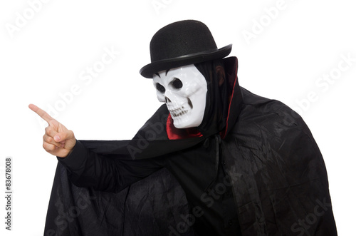 Man in horror costume with mask isolated on white photo