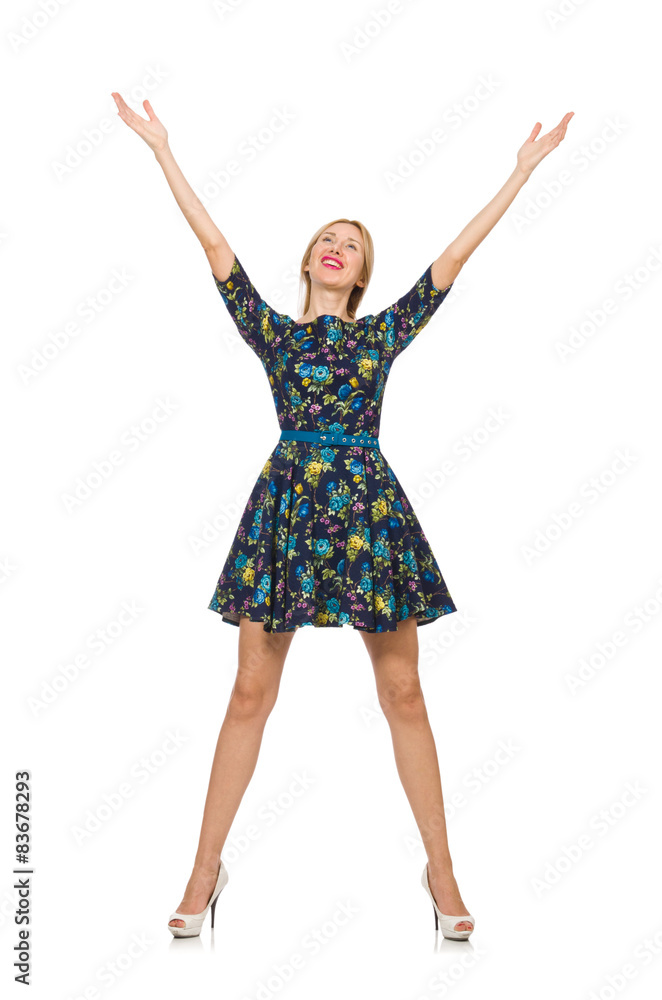 Fototapeta premium Woman in dark blue floral dress isolated on white