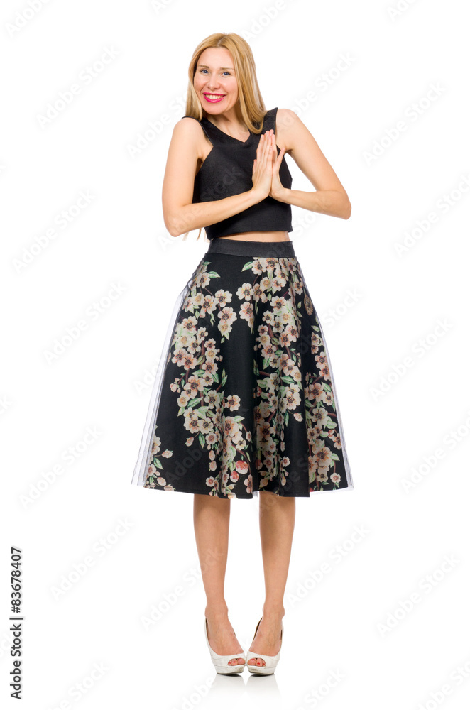 Woman in floral dark skirt isolated on white Woman in floral dark skirt isolated on white