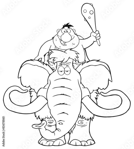 Black And White Happy Caveman Over Mammoth