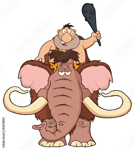 Happy Caveman Over Mammoth. Illustration Isolated On White