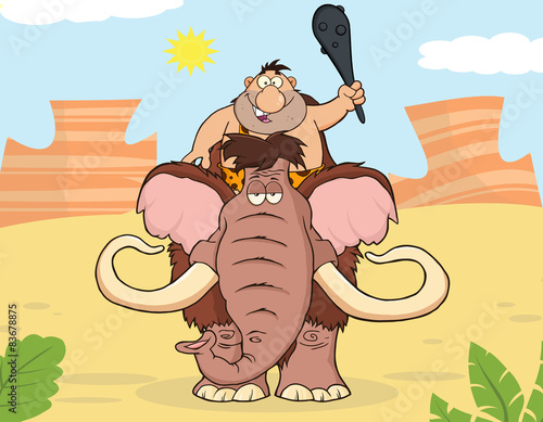 Happy Caveman Over Mammoth. Illustration With Background
