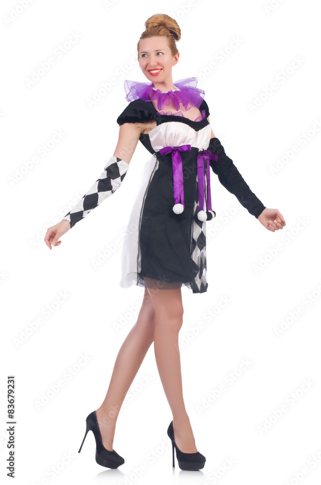 A girl in harlequin costume isolated on white
