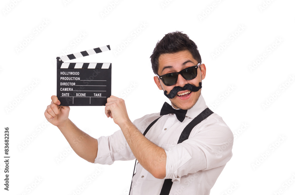 Funny with movie clapper isolated on white Funny with movie clapper isolated on white