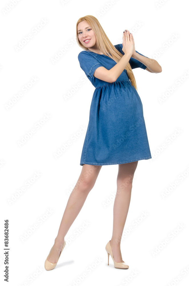 Beautiful pregnant woman in blue dress isolated on white Beautiful pregnant woman in blue dress isolated on white