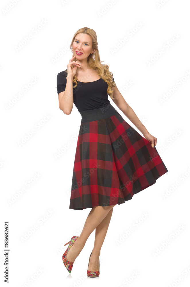 Beautiful young woman in plaid dress isolated on white Beautiful young woman in plaid dress isolated on white