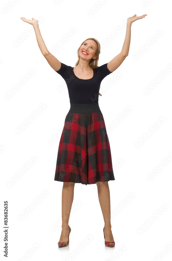 Beautiful young woman in plaid dress isolated on white Beautiful young woman in plaid dress isolated on white