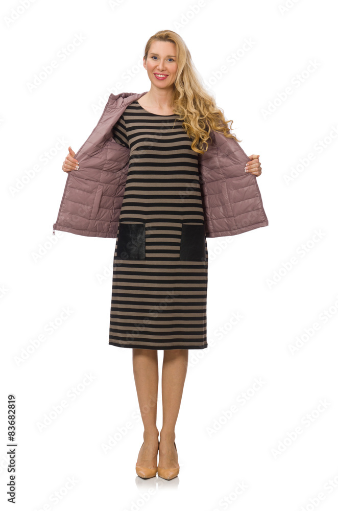 Pretty woman in winter lilac jacket isolated on white Pretty woman in winter lilac jacket isolated on white