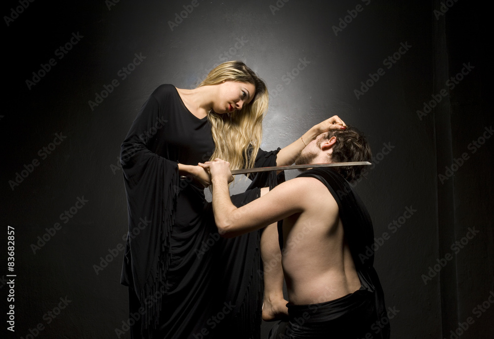 Glamourous blonde lady and her slave is down on his knees - obrazy, fototapety, plakaty 
