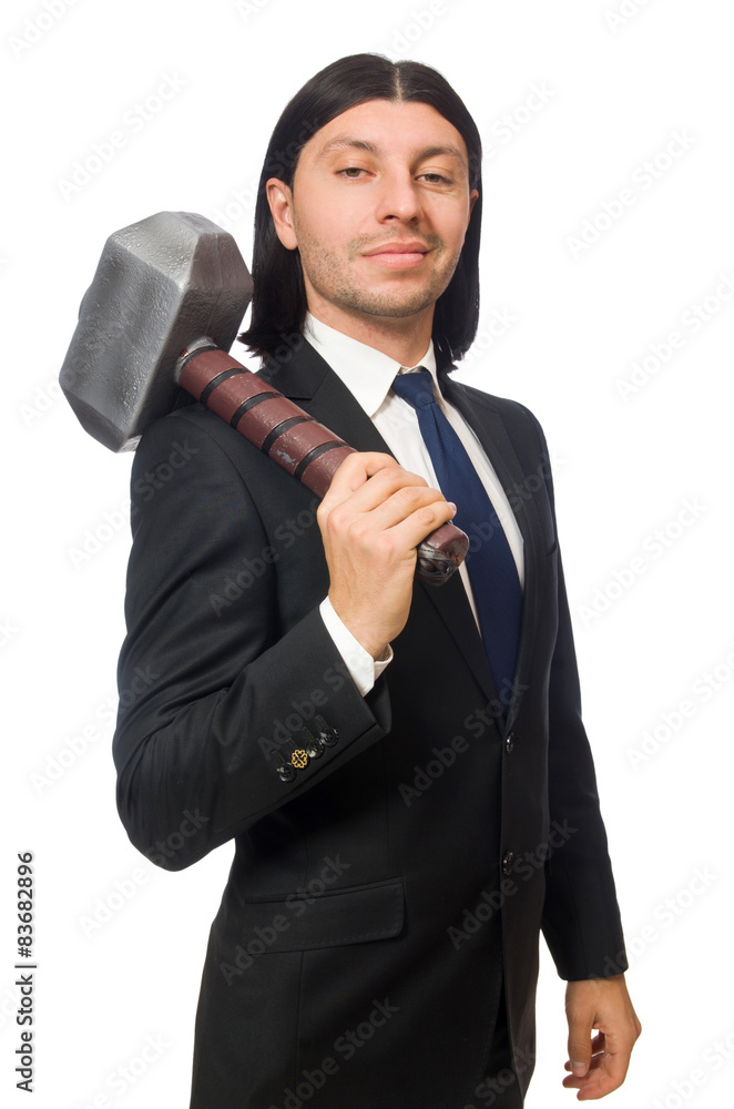 Handsome businessman holding hammer isolated on white Handsome businessman holding hammer isolated on white