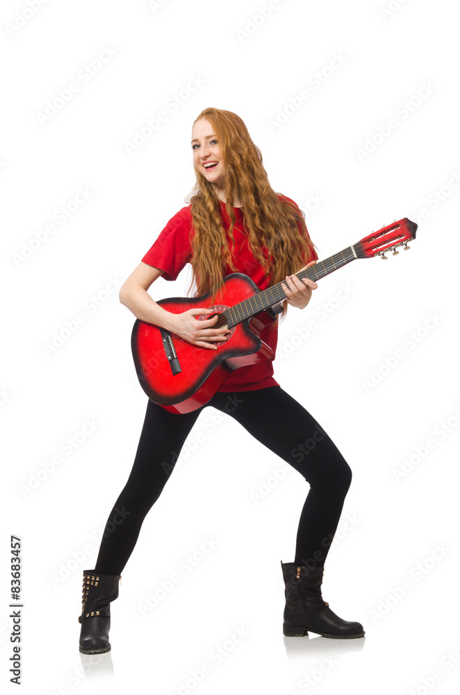 Pretty girl with guitar isolated on white Pretty girl with guitar isolated on white