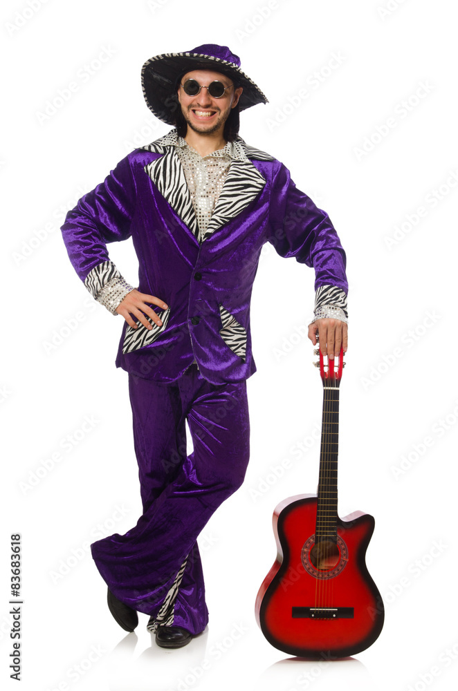 Man in funny clothing holding guitar isolated on white Man in funny clothing holding guitar isolated on white
