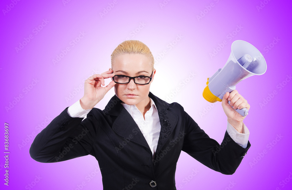 Woman businesswoman with loudspeaker on white Woman businesswoman with loudspeaker on white