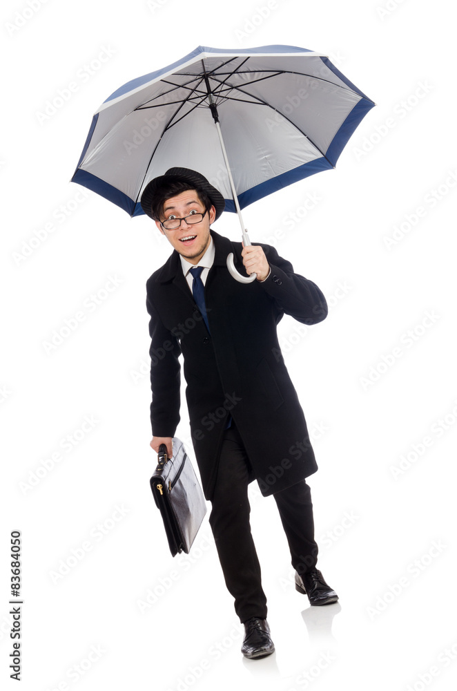 Young man holding suitcase and umbrella isolated on white Young man holding suitcase and umbrella isolated on white