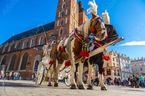 Horse carriages at main square in Krakow