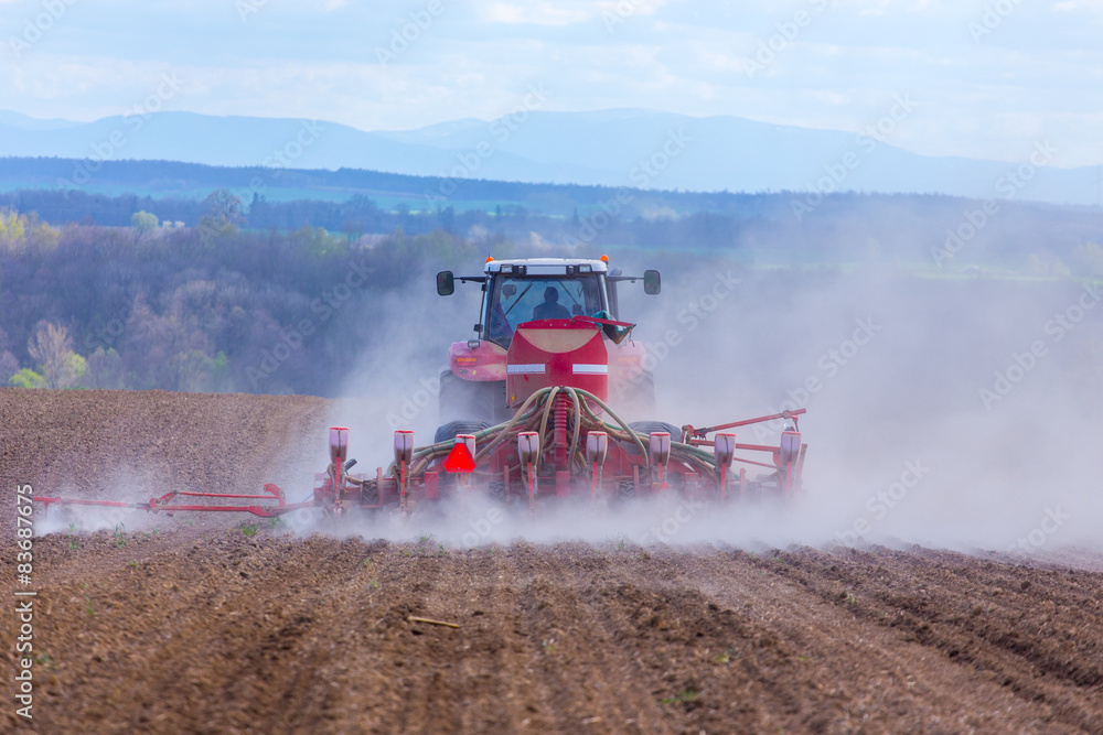 Fototapeta premium Tractor harrowing the field