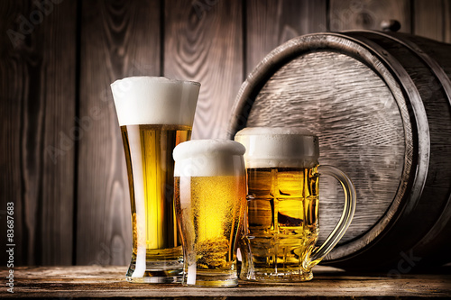 Two glasses and mug of light beer Fototapeta