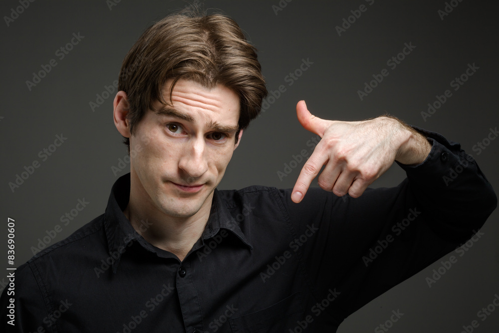 Model isolated pointing to herself Model isolated pointing to herself