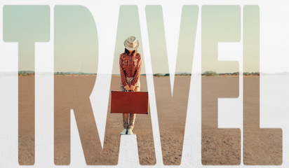 Double exposure word travel with tourist woman