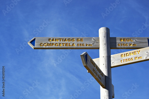 Sign marking the distance from Pamplona to Santiago de Compostel photo