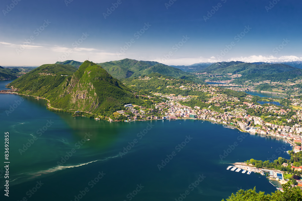 Obraz premium View to Lugano city, lake and Monte San Salvatore, Schweiz