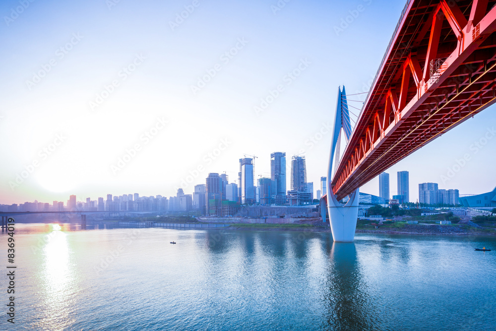 skyline,river and bridge during sunset