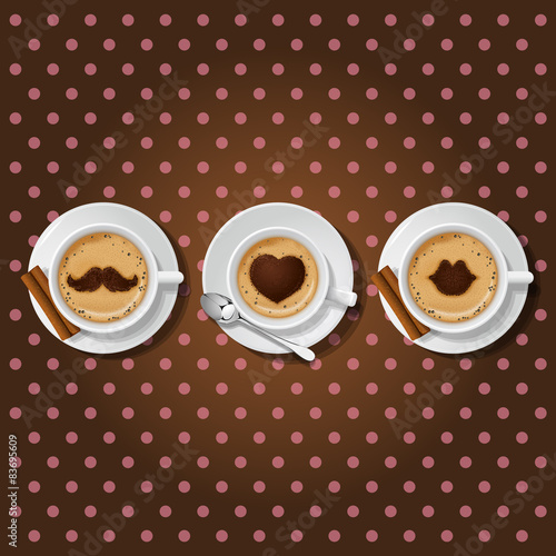 3 cups of cappuccino with love symbol