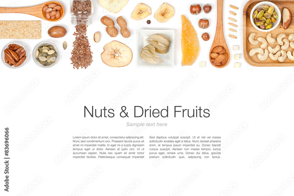 nuts and dried fruits on white background nuts and dried fruits on white background