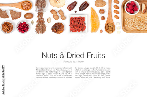 nuts and dried fruits on white background