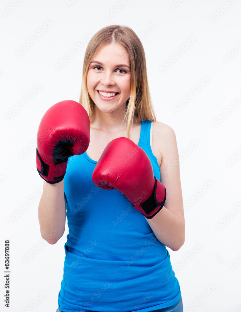 Cheerful woman in boxing gloves