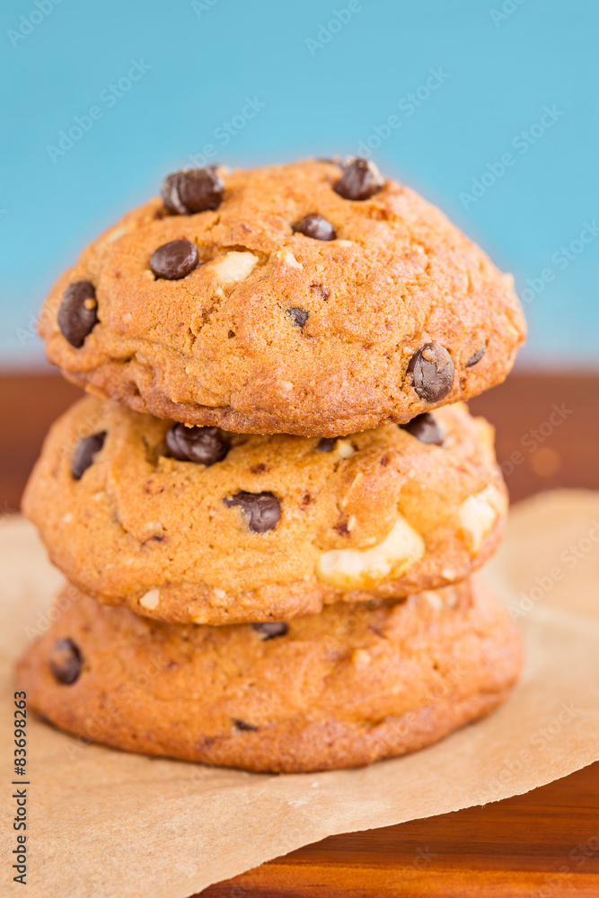 Stack of three chocolate chip cookies Stack of three chocolate chip cookies