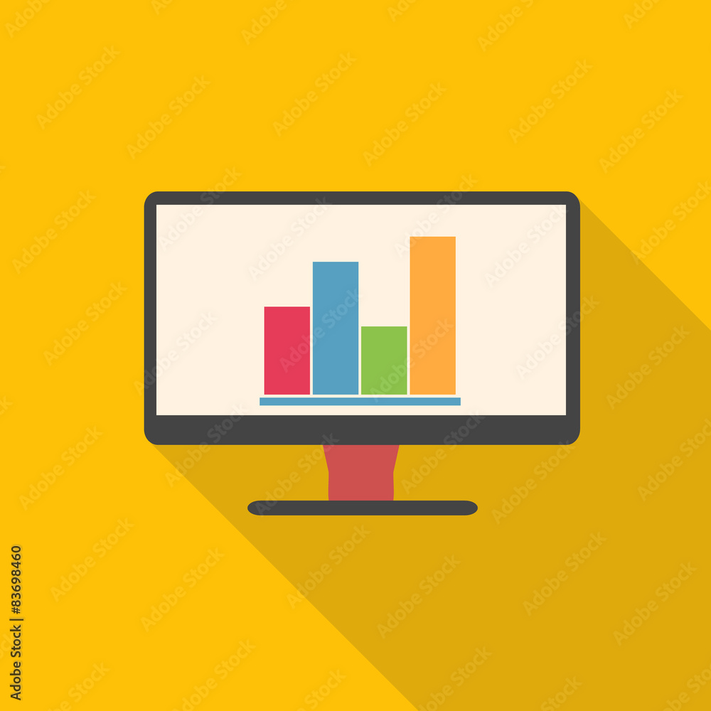 Computer monitor with graph concept, flat design.. Computer monitor with graph concept, flat design..