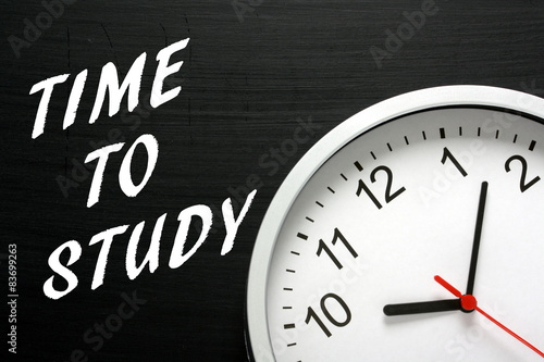 The phrase Time to Study with a clock on a blackboard