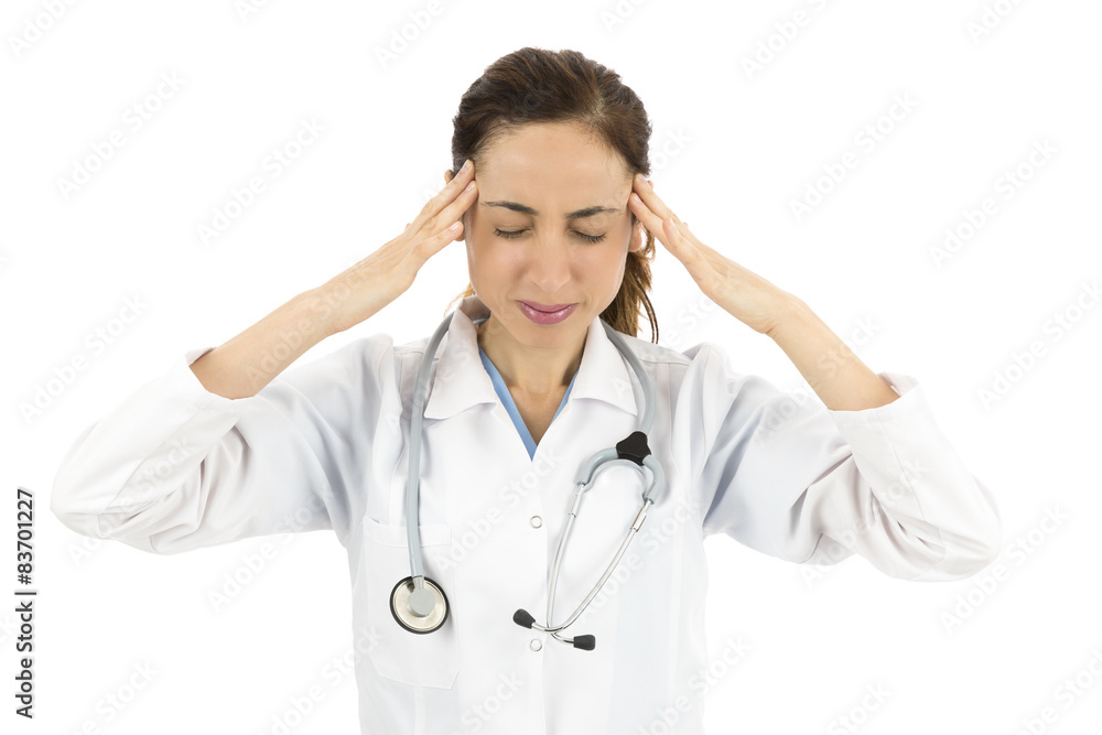 Female nurse or doctor with headache Female nurse or doctor with headache