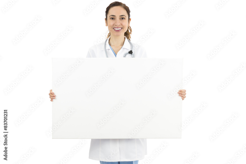 Female doctor holding a blank advertising banner Female doctor holding a blank advertising banner