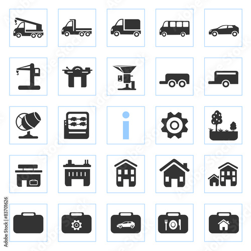 set of silhouette icons of real estate and transport