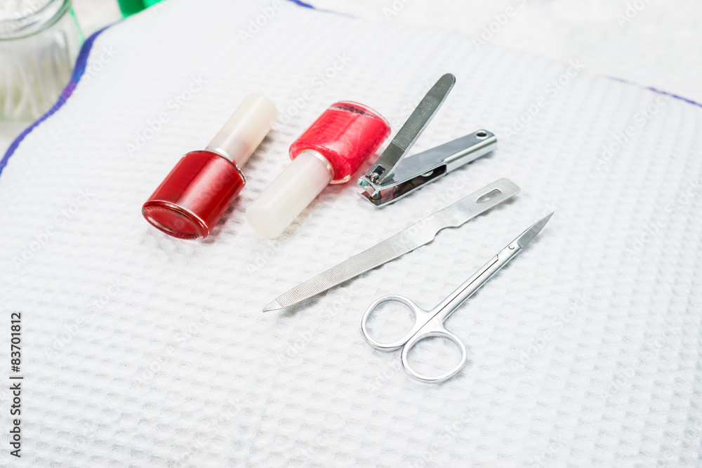 Pedicure set on white cloth Pedicure set on white cloth